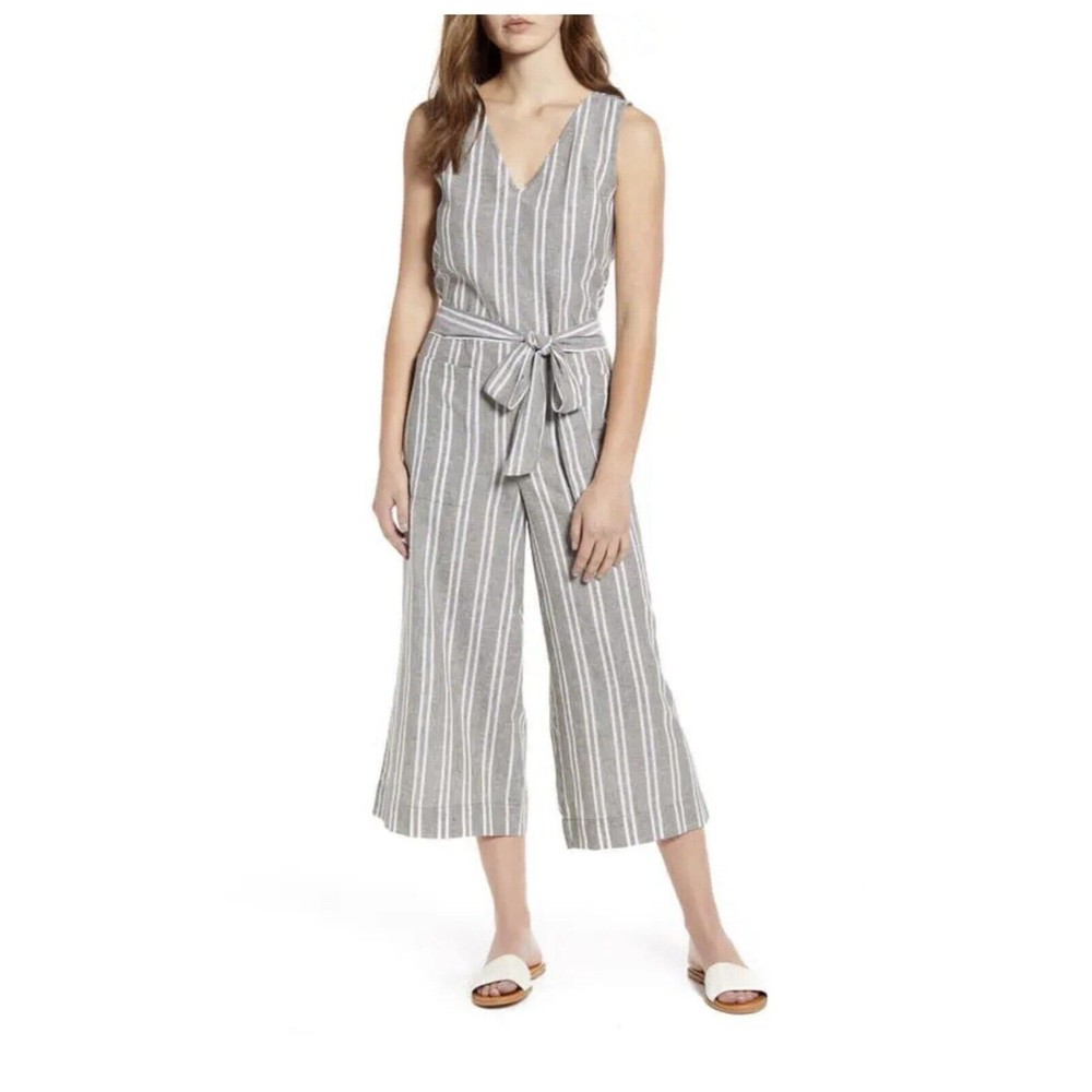 BEACHLUNCHLOUNGE Lennon Tie Waist Linen Cotton Oatmeal Jumpsuit Small NWT